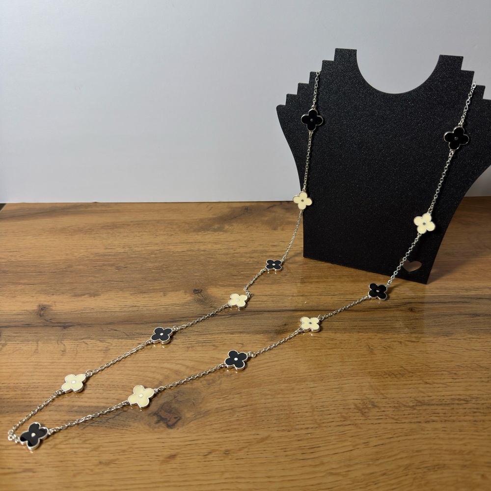 NEW Clover Necklace Black and White Alhambra Style Long Chain Zoetik